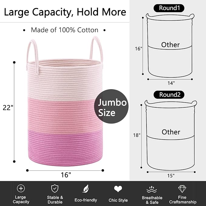YOUDENOVA Woven Rope Laundry Hamper Basket, 58L Tall Luandry Basket, Baby - Image 3