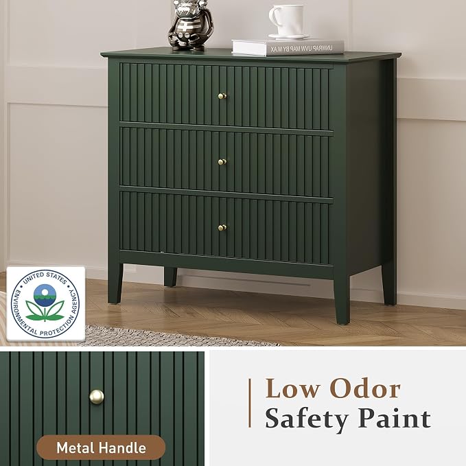 RoyalCraft Green Fluted 3 Drawer Dresser, 32 inch Wide Dresser Nightstand - Image 6