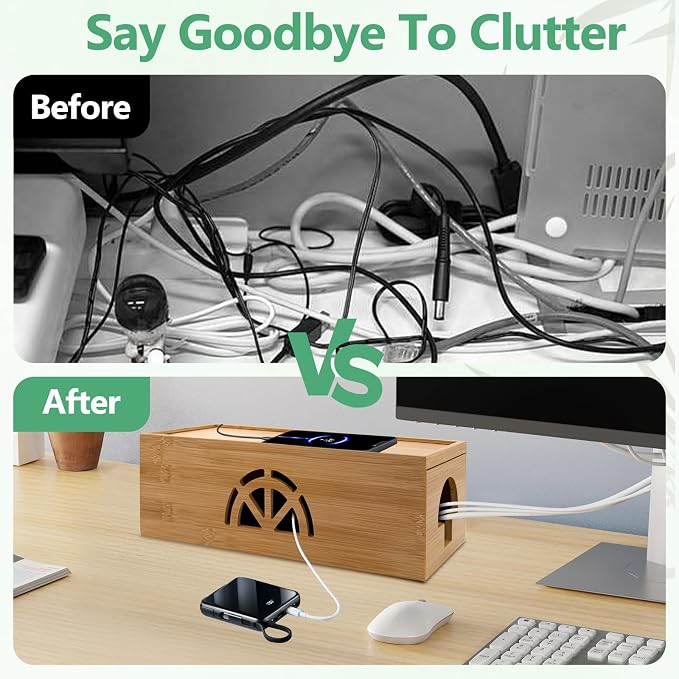 Bamboo Cable Management Box, Extra Large Cord Organizer Box, Power Strips Hider - Image 7
