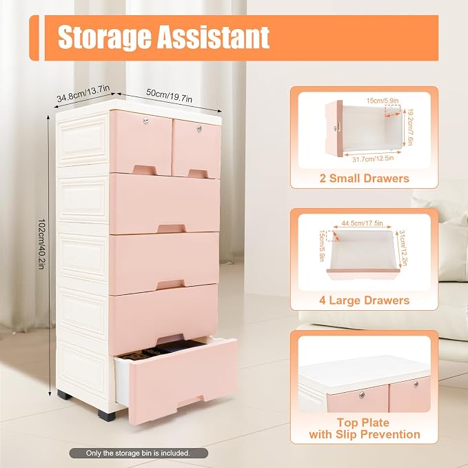 5-Layers Plastic Dresser with 6 Drawers Movable Chest of Drawers Locked Storage - Image 5