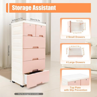 5-Layers Plastic Dresser with 6 Drawers Movable Chest of Drawers Locked Storage - Image 5