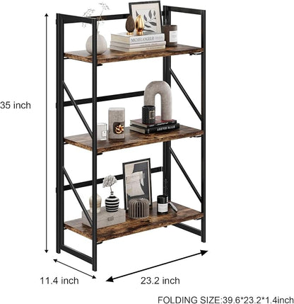 JSB No Assembly Folding Bookshelf, 3 Tier Industrial Metal Book Shelf - Image 3