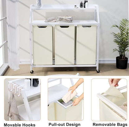Laundry Hamper, Laundry Sorter 3 Section, Rolling Laundry Basket - Image 5