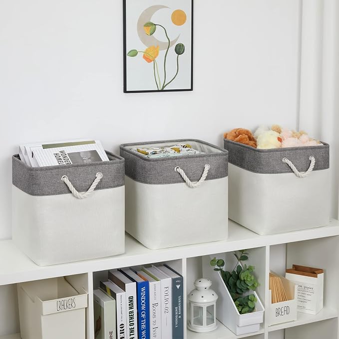 Bidtakay Fabric White Baskets for Shelves Set of 3 Cube Storage Large Organizer - Image 3