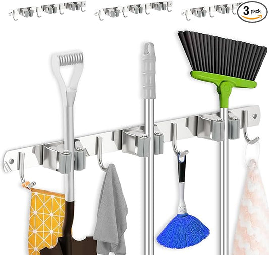 3 Pack Broom Holder Wall Mount 3 Racks 4 Hooks Stainless Steel Broom Mop Holder by TKSDWBLTY