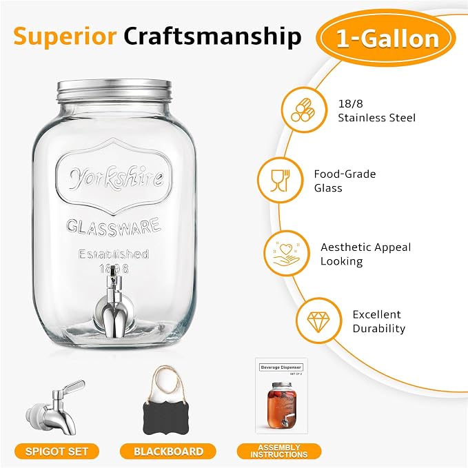 1 Gallon Glass Beverage Dispenser, 18/8 Stainless Steel Spigot and Lid - Image 5