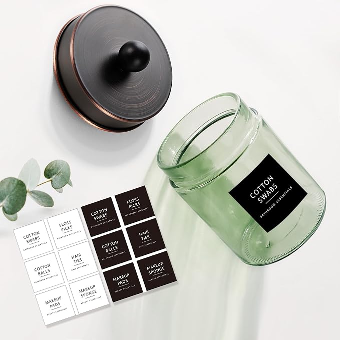 Amolliar Sage Green Qtip Holder, Glass Apothecary Jar Metal Lid & Stickers - Image 3