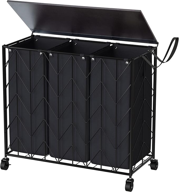 WOWLIVE Laundry Basket with Wheels, 142L Hamper 3 Section with Lid, Dirty by WOWLIVE