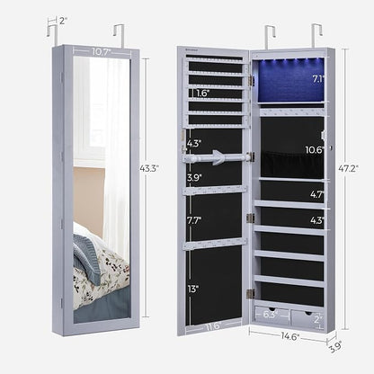 SONGMICS 6 LEDs Mirror Jewelry Cabinet, 47.2-Inch Tall Lockable Wall or Door - Image 6