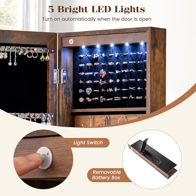 5 LEDs Mirrored Jewelry Cabinet Wall Mounted or Door Hanging, 42” Jewelry Box - Image 5