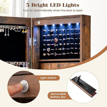 5 LEDs Mirrored Jewelry Cabinet Wall Mounted or Door Hanging, 42” Jewelry Box - Image 5