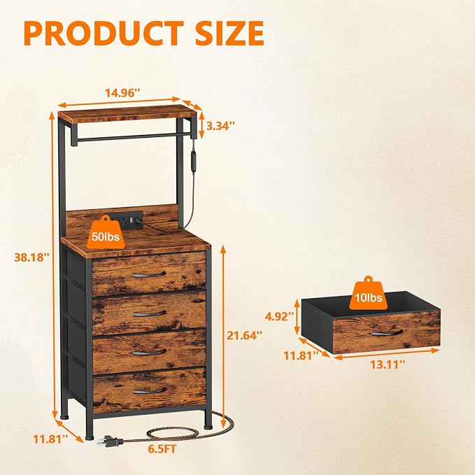 Furnulem Night Stand with Charger Station, Bedside Table with Storage Shelf - Image 3