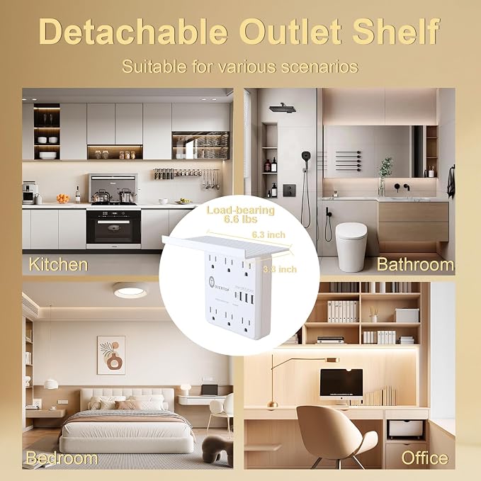 Overtop Power Charger with Shelf, Wall Outlet Extender Surge Protector with 6 - Image 3