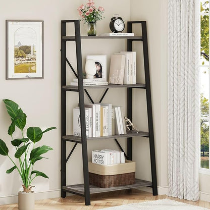 BON AUGURE Ladder Bookshelf, 4 Tier Ladder Shelf Bookcase, Wood Leaning Book by BONAUGURE