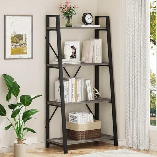 BON AUGURE Ladder Bookshelf, 4 Tier Ladder Shelf Bookcase, Wood Leaning Book by BONAUGURE