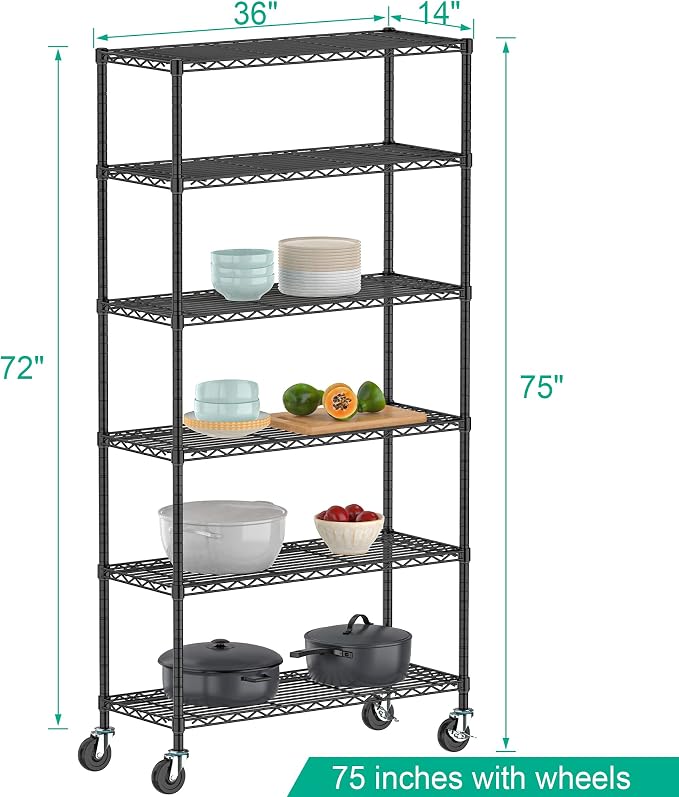 6-Tier Metal Storage Rack with Wheels, Sturdy Adjustable Wire Shelving Unit - Image 3