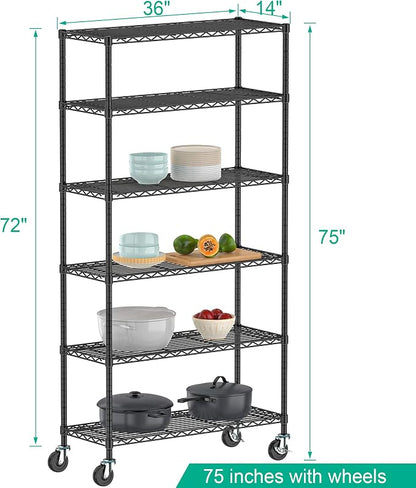 6-Tier Metal Storage Rack with Wheels, Sturdy Adjustable Wire Shelving Unit - Image 3