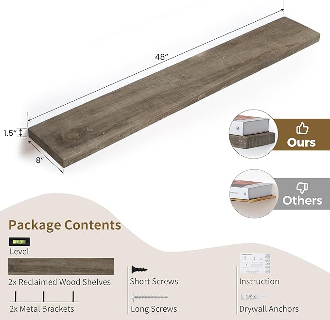 Solid Reclaimed Wood Floating Shelf 48inches Width and 8 inches Depth, Rustic - Image 3
