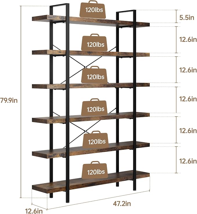 Bookshelf Set of 2, Heavy Duty 6-Tier Industrial Bookcase, 120lbs Shelf Capacity - Image 2