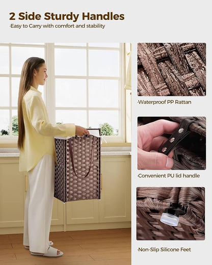 Greenstell Laundry Hamper with Wheels, No Install Needed, 90L Divided Handwoven - Image 7