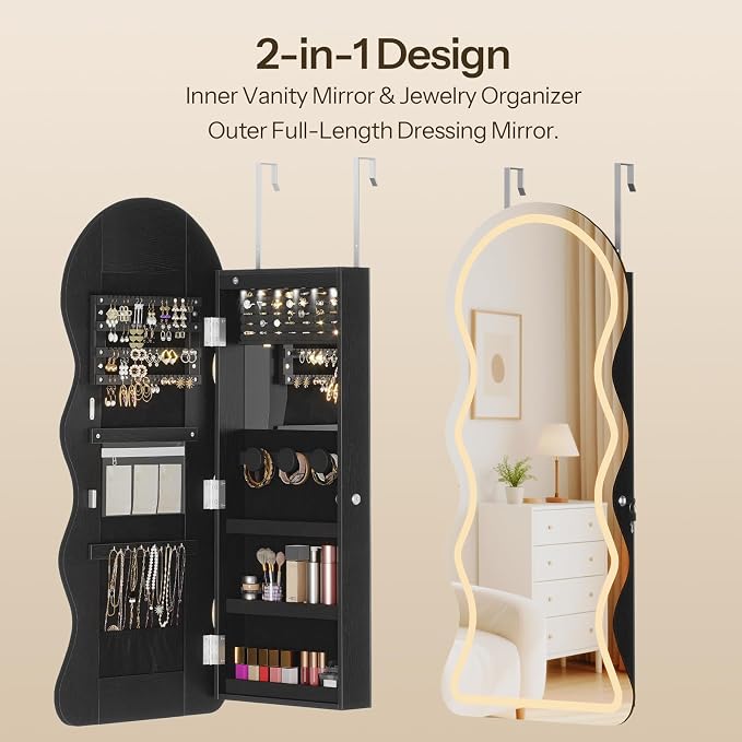 HOOBRO LED Mirror Jewelry Cabinet, Wall/Door Mounted Jewelry Organizer - Image 5