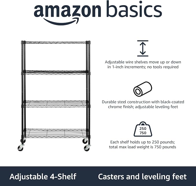 Amazon Basics 4-Shelf Adjustable, Heavy Duty Storage Shelving Unit on 3'' Wheel - Image 2