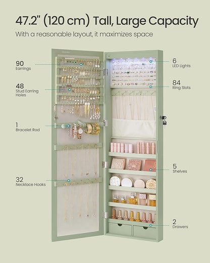 SONGMICS 6 LEDs Mirror Jewelry Cabinet, 47.2-Inch Tall Lockable Wall or Door - Image 4