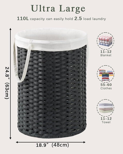 Laundry Basket Round Rattan Laundry Hamper 29.1 Gal Handwoven Large Wicker - Image 5