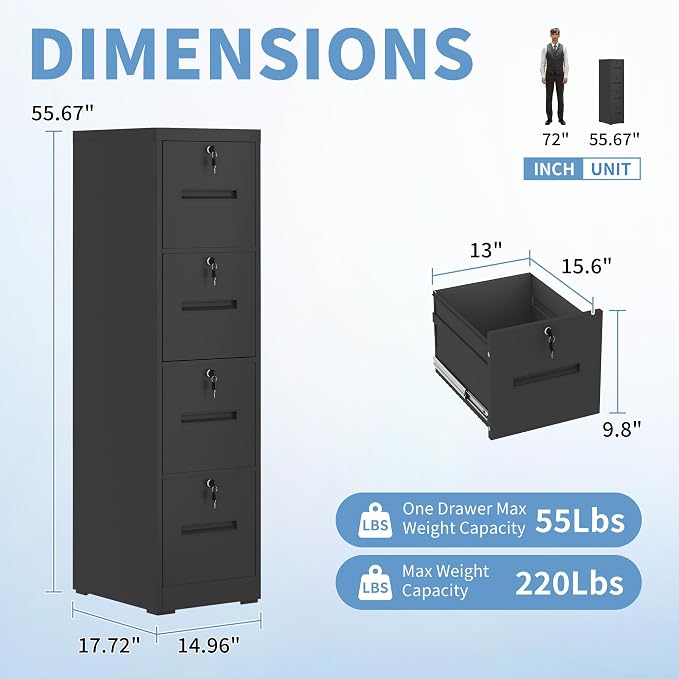 4 Drawer File Cabinet with 4 Lock, Metal Filing Cabinet, Heavy Duty Vertical - Image 3