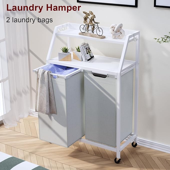 Laundry Hamper, Laundry Sorter 2 Section, Rolling Laundry Basket - Image 2