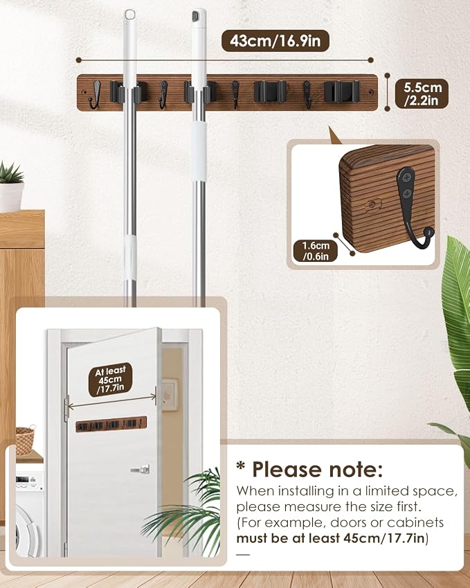 Broom Holder Wall Mounted, 4 Holders and 4 Hooks Mop Holder, Wooden Mop and - Image 4
