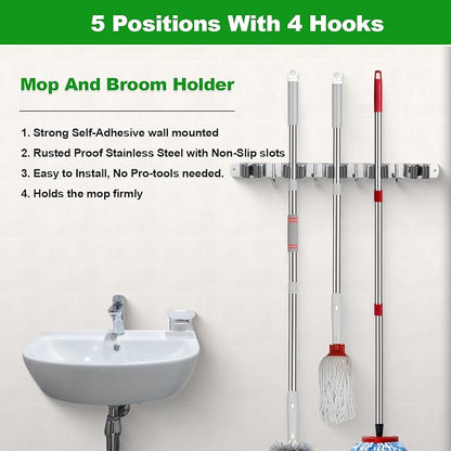 voze 5 Racks and 4 Hooks Mop and Broom Holder Wall Mount, Self Adhesive Heavy - Image 3
