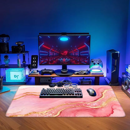 Pink and Gold Stripes Gaming Mouse Pad 35.4"x15.7"Desk Mat Anti-Slip Rubber - Image 9