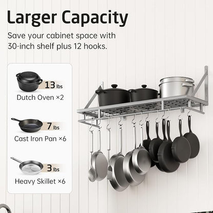 KES 30-Inch Silver Gray Pot Rack, Wall Mounted Hanging Pot and Pan Organizer - Image 2