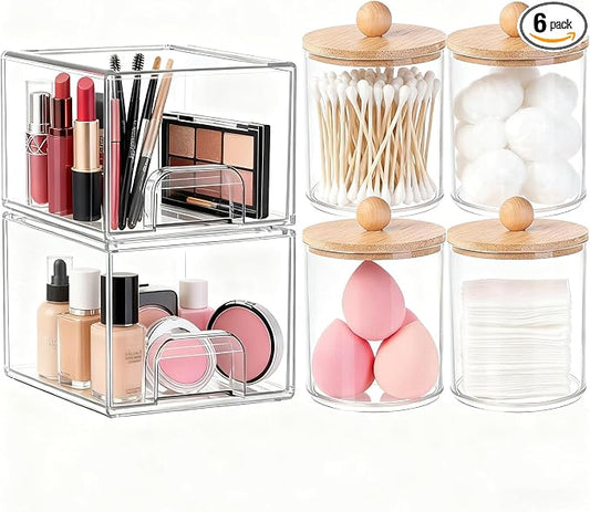 6 Pack Clear Stackable Storage Drawers & Qtip Holder Dispenser by Qeosvve
