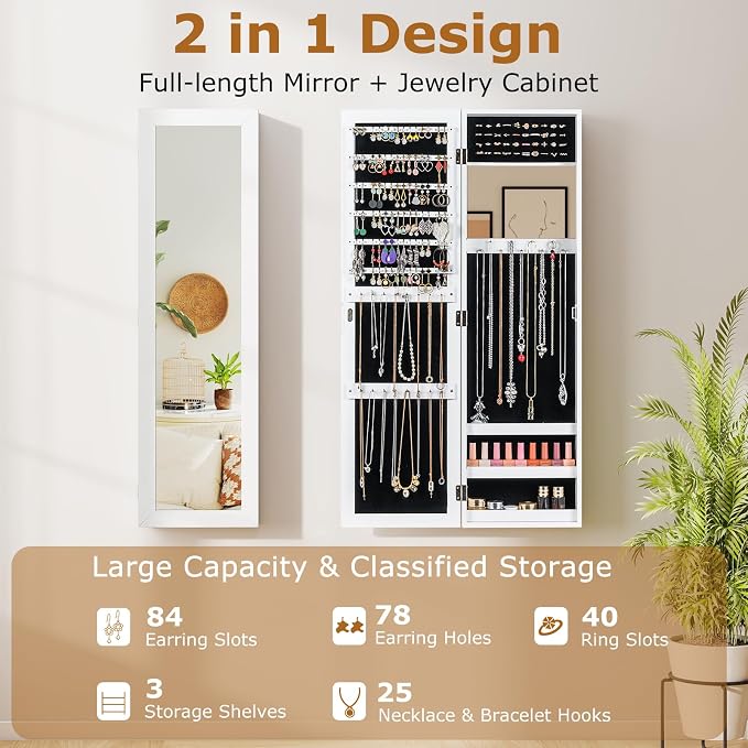 COSTWAY Full Length Mirror Jewelry Cabinet, Wall Door Mounted - Image 3