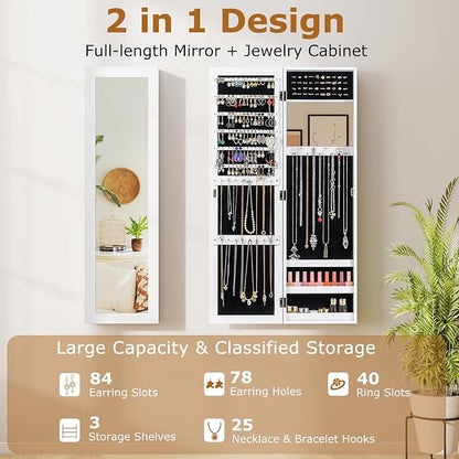 COSTWAY Full Length Mirror Jewelry Cabinet, Wall Door Mounted - Image 3