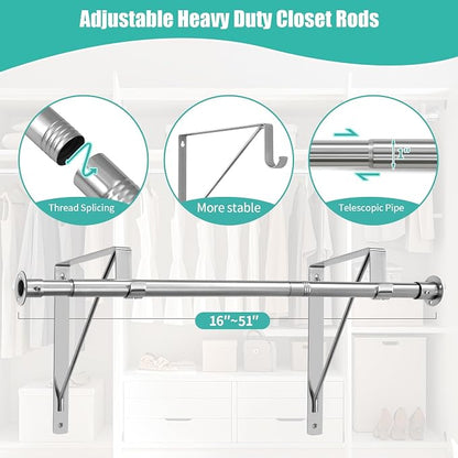 Closet Rod, 16 to 51 Inch Closet Rods Heavy Duty Adjustable Wardrobe Poles - Image 5