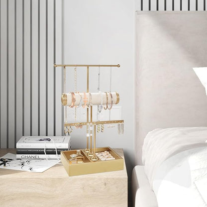 Jewelry Organizer Stand Necklace Organizer Earring Holder, 3-Tier Gold Jewelry - Image 6