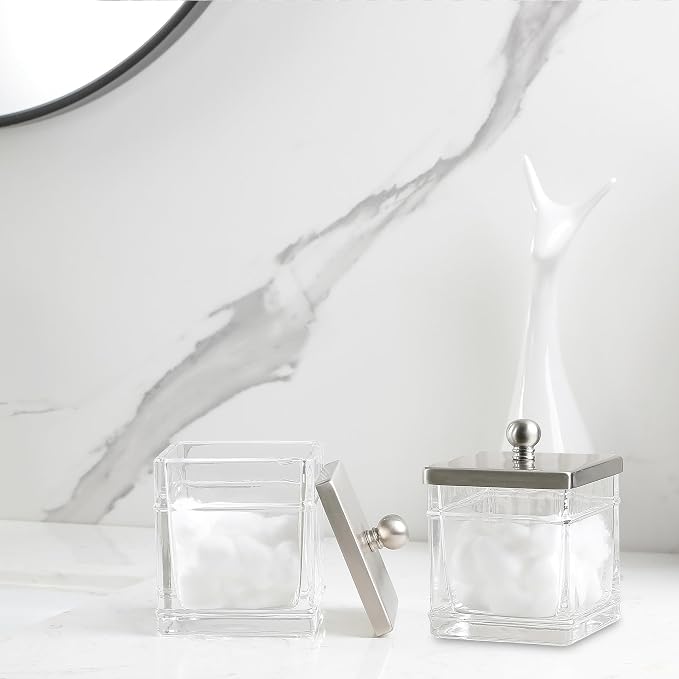 Glass Cotton Jar Holder 2 Pack– Satin Nickel Lid, Elegant Bathroom Storage - Image 7