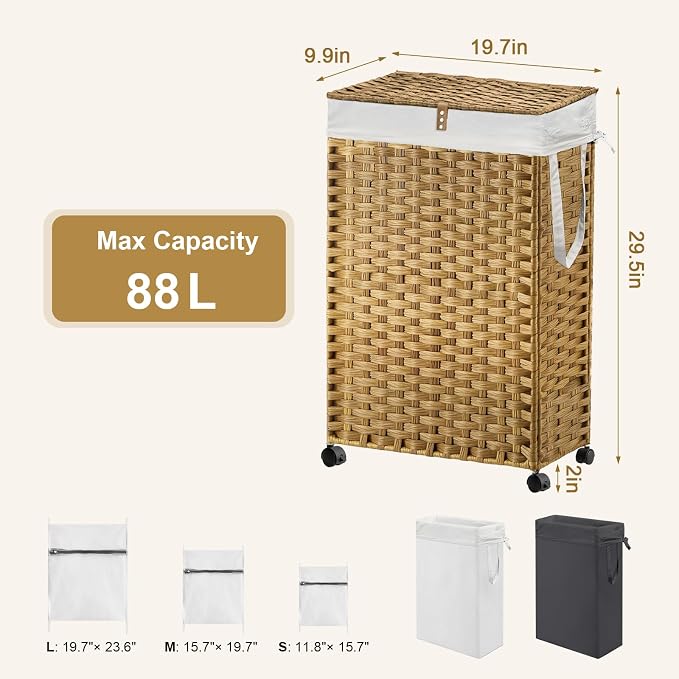 88L Slim Laundry Hamper with Wheels, 23.3 Gallon Rolling Laundry Basket with Lid - Image 4