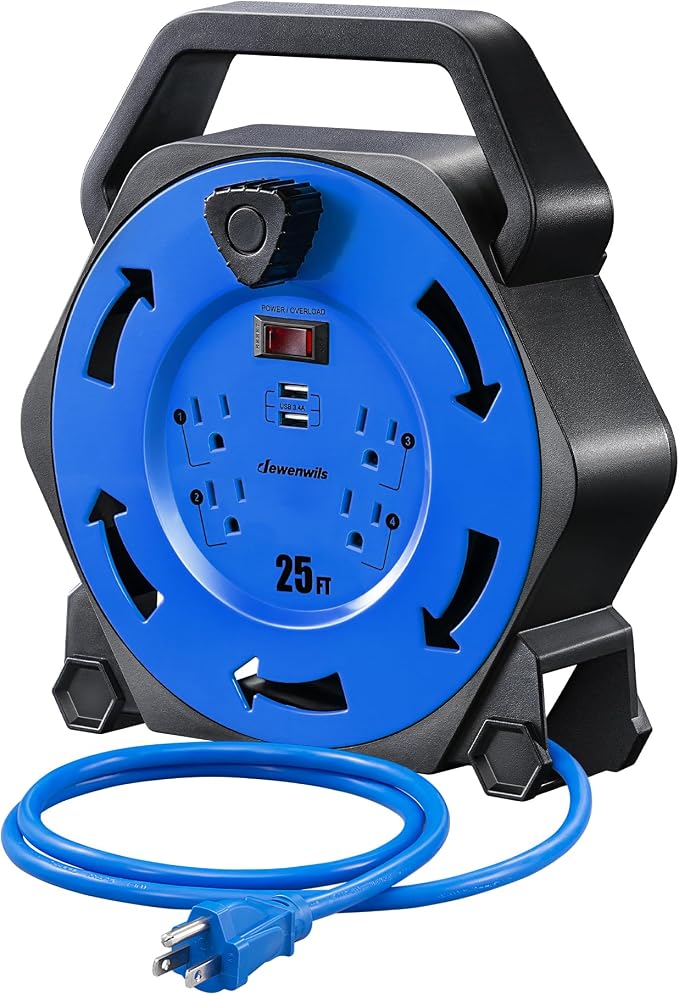 DEWENWILS Cord Reel with 4 Power Outlets, 2-USB Ports, 25FT Retractable by DEWENWILS