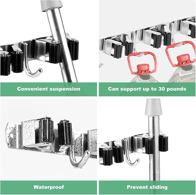 2 Pack Broom Holder Wall Mount 5 Racks 4 Hooks Stainless Steel Broom Mop Holder - Image 4