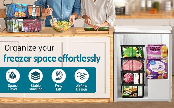 Freezer Organizer Bins with Foldable Handle, 4 Pack Stackable Freezer Baskets - Image 4