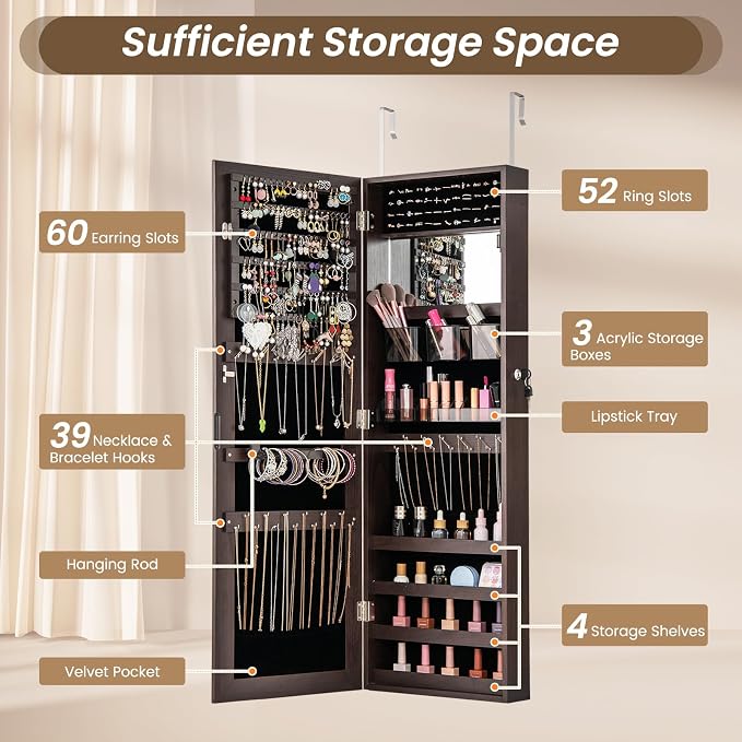 CHARMAID Jewelry Cabinet Wall or Door Mounted, Hanging Lockable Jewelry Armoire - Image 3