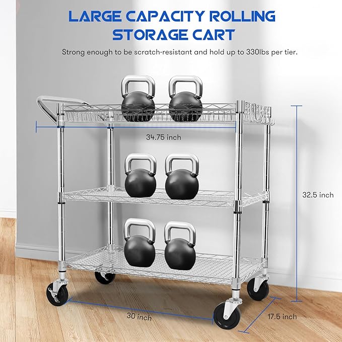YNN Chrome Utility Rolling Cart, 990Lbs 3 Tier Heavy Duty Metal Cart - Image 3