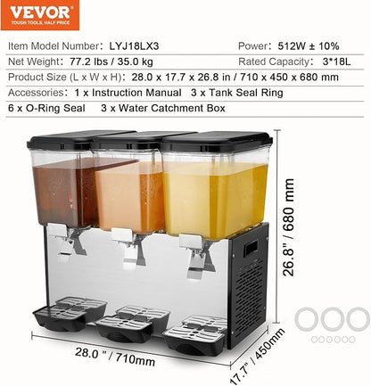 VEVOR Commercial Beverage Dispenser, 3 Tanks 18 L / 19 QT Per Tank Juice - Image 7