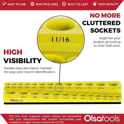 Olsa Tools Magnetic Socket Organizer | 3/8-inch Drive | SAE | Yellow | Holds 16 - Image 2