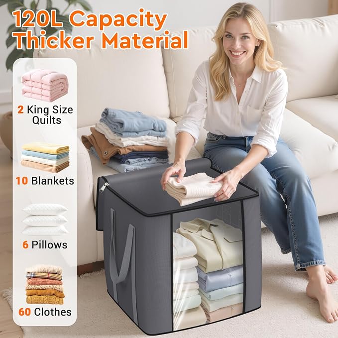 120L Extra Large Clothes Storage Bags, Foldable Blanket Storage and Organization - Image 3