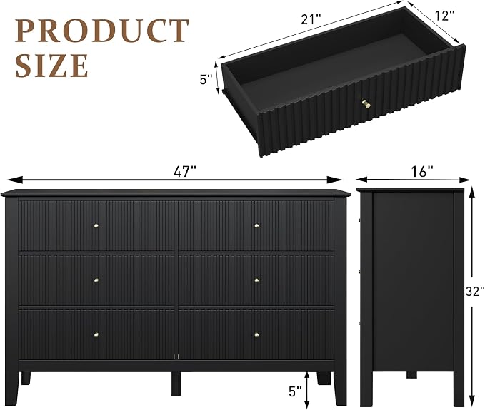 RoyalCraft Black 6 Drawer Dresser, Fluted Modern Wood Dresser, Double Chest of - Image 2
